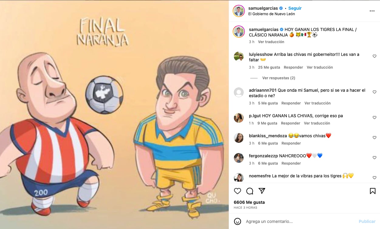 Samuel García comparte alucinante caricatura con Enrique Alfaro por el “Clásico Naranja” de Chivas vs Club Tigres
