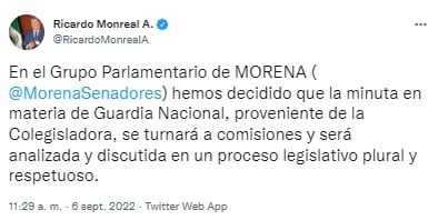 Tuit de Ricardo Monreal
