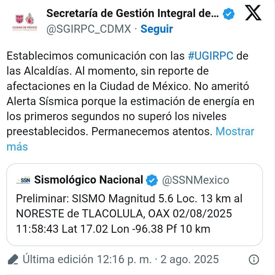 Alerta Sísmica no sonó en CDMX pese a sismo hoy en Oaxaca.