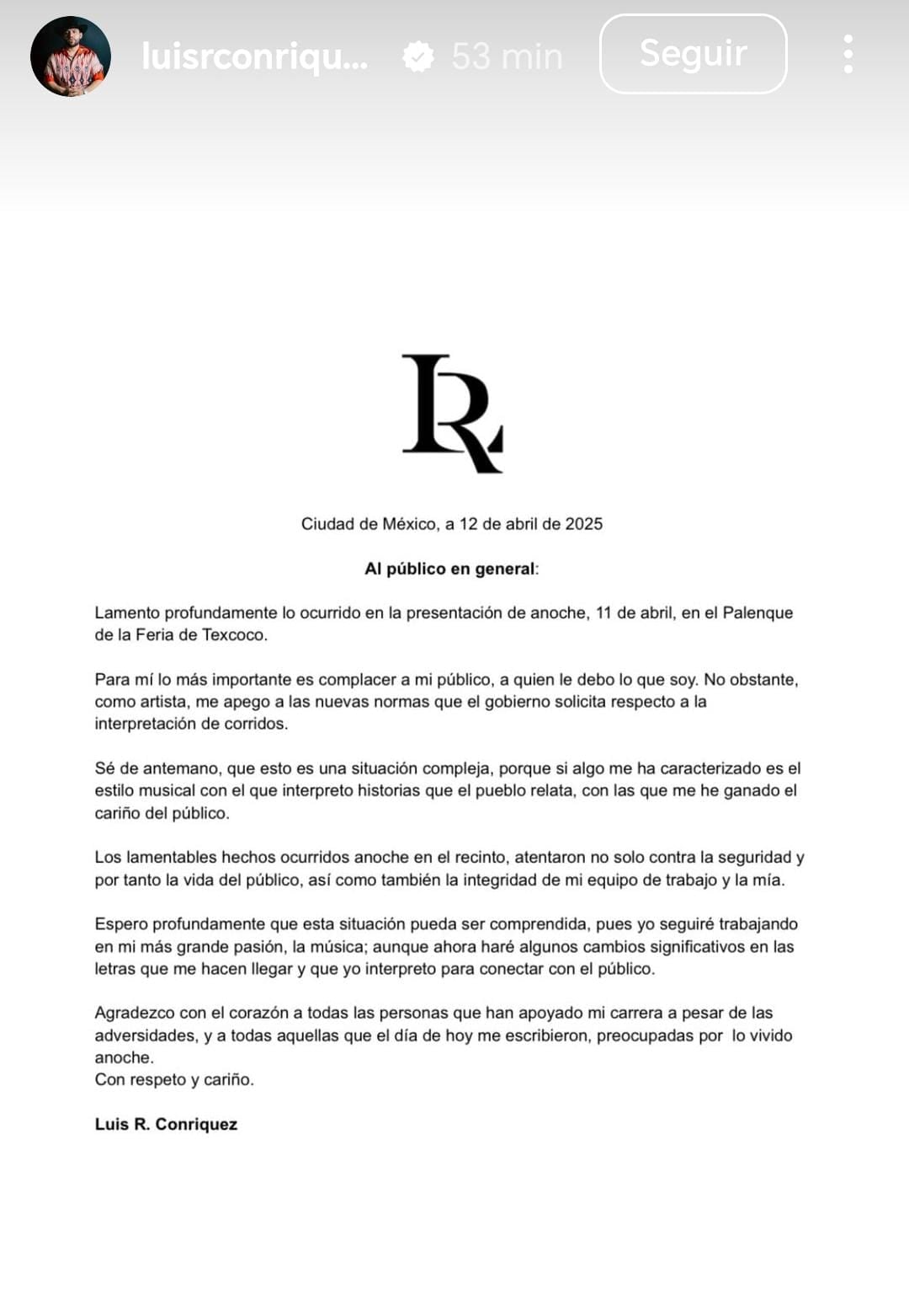 Comunicado Luis R. Conriquez