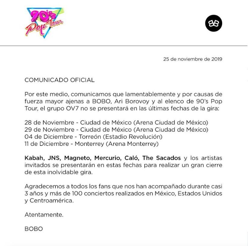 El comunicado excluiría a la agrupación OV7 de los últimos conciertos del '90's Pop Tpour'