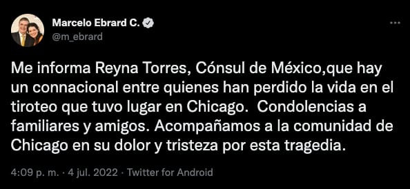 Marcelo Ebrard lamenta muerte de mexicano en tiroteo de desfile del Día de la Independencia en Highland Park, Illinois