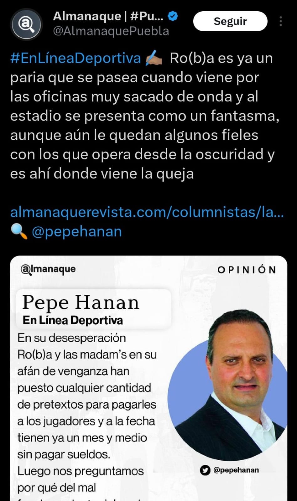 Columna de Pepe Hanan sobre Puebla.