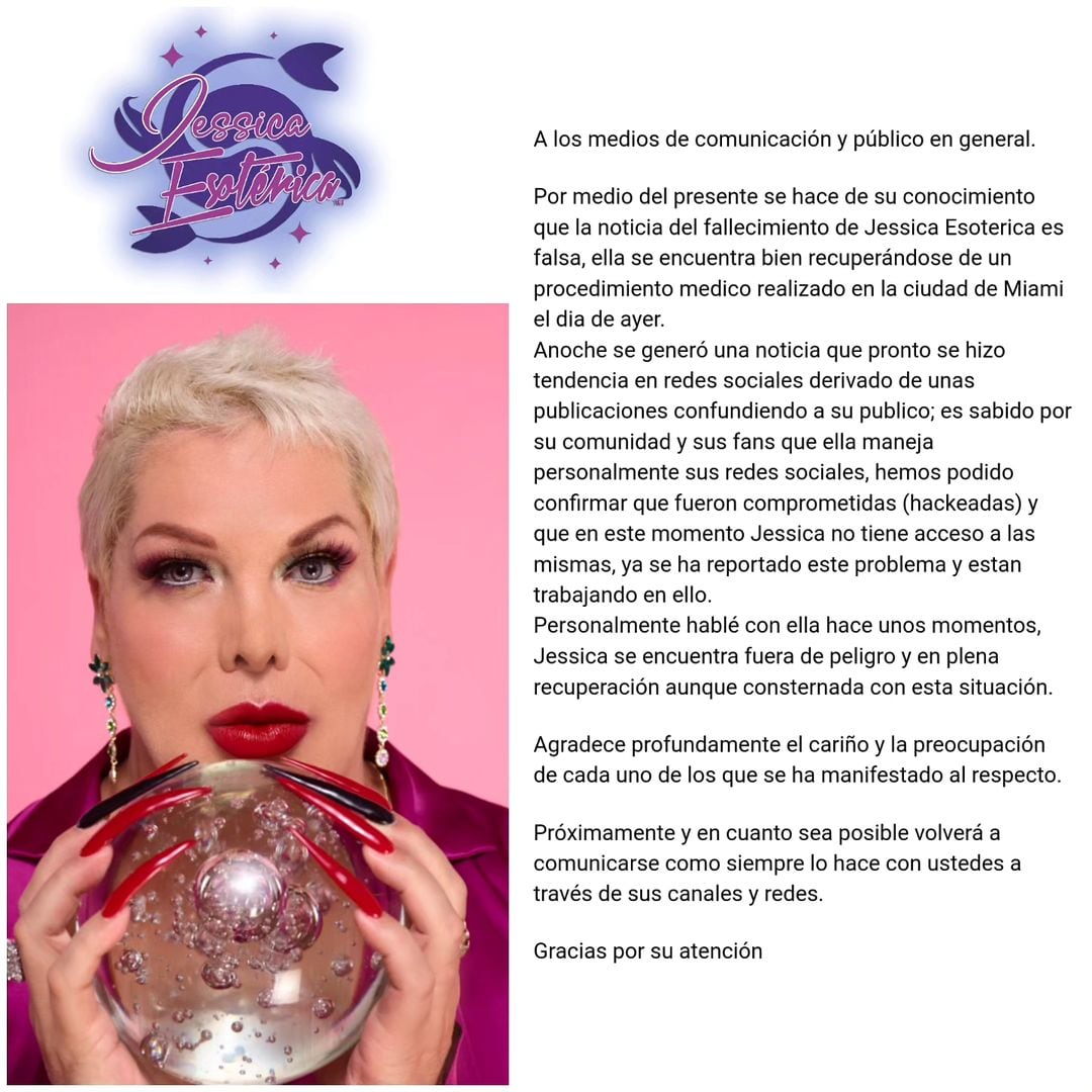 Desmienten la muerte de Jessica Esotérica.
