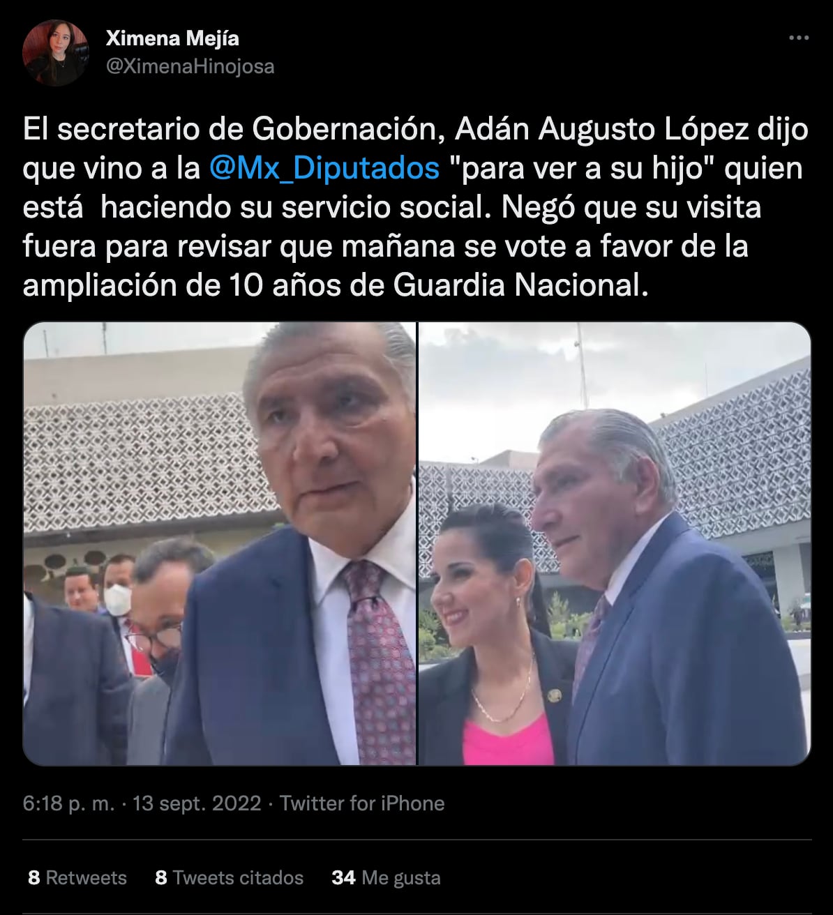 Adán Augusto visita Cámara de Diputados durante revisión de iniciativa del PRI