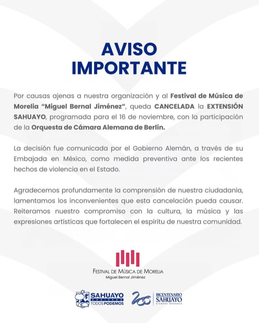 Cancelan extensión del Festival Musical de Morelia