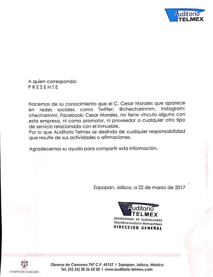 Auditorio Telmex se deslindó de que César N, fuera su empleado.