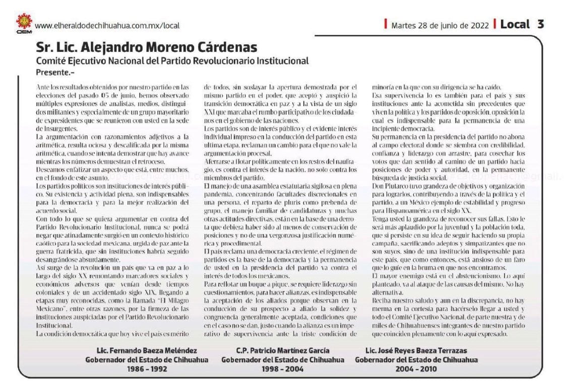 Comunicado ex gobernadores del PRI en Chihuahua