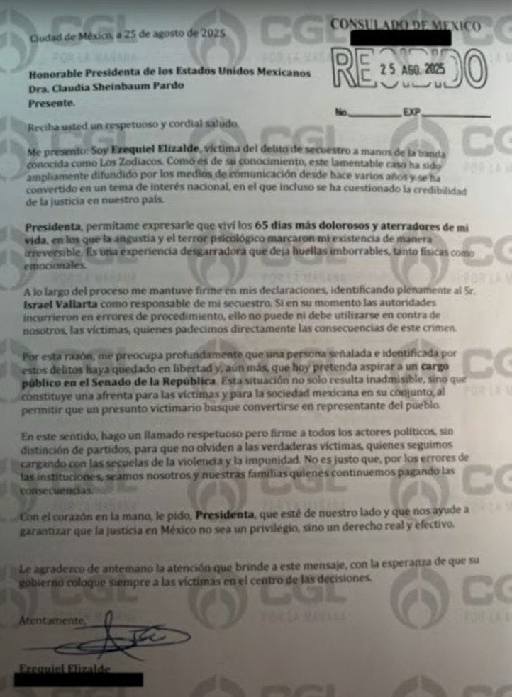 Israel Vallarta: Ezequiel Elizalde acusa nuevamente secuestro en carta dirigida a Claudia Sheinbaum