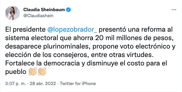 Claudia Sheinbaum sobre la reforma electoral de AMLO