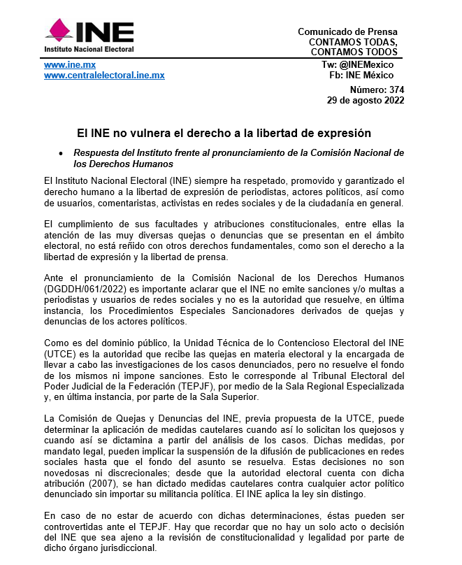 INE responde a CNDH, dice no vulnerar libertad de expresión a influencers y periodistas