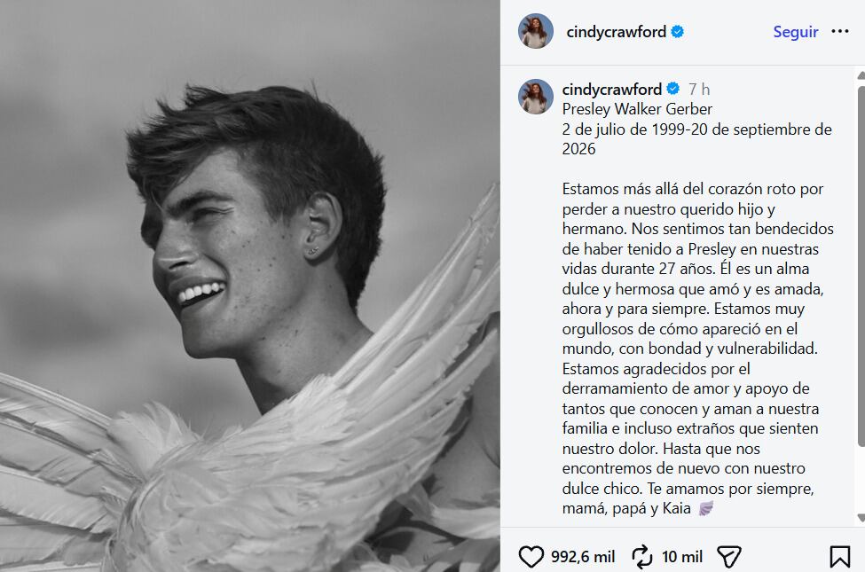 Cindy Crawford comparte mensaje para su hijo Presley Gerber