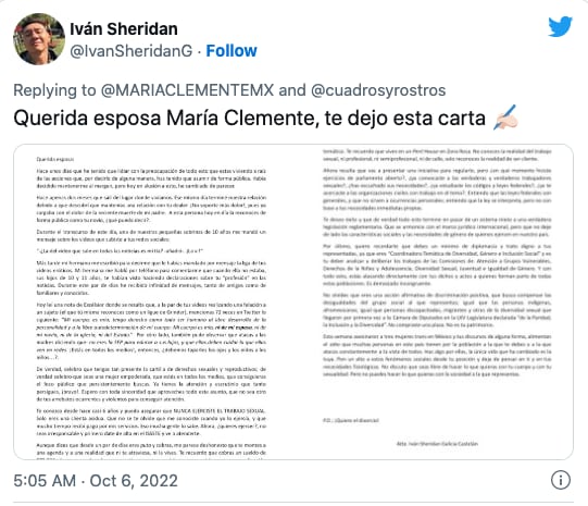 Esposo de María Clemente García publica carta