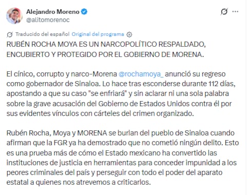Alejandro Moreno arremete contra Morena por regreso de Rubén Rocha