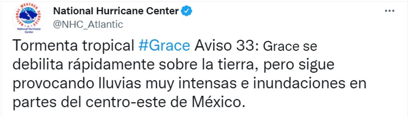 Publicación del NHC en Twitter