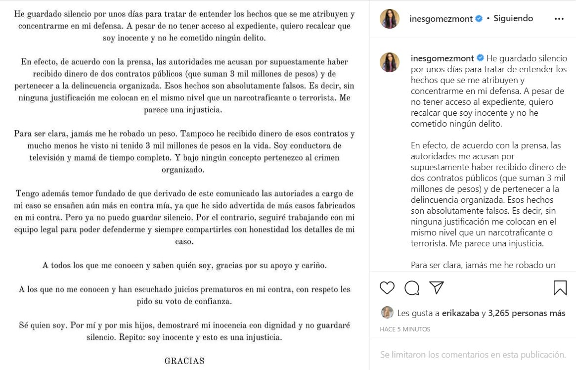 Publicación de Inés Gómez Mont en Instagram