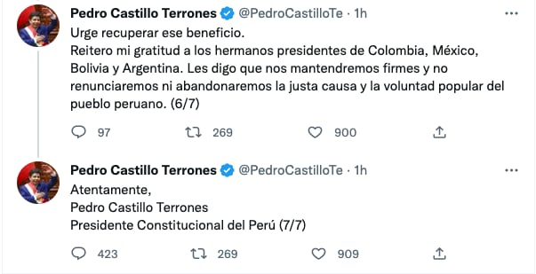 Pedro Castillo agradece a AMLO desde la cárcel por reconocer su gobierno