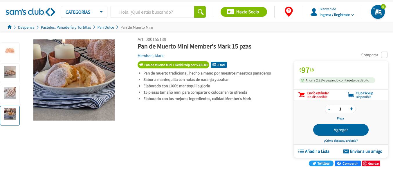 Pan de muerto en Sam's y su precio