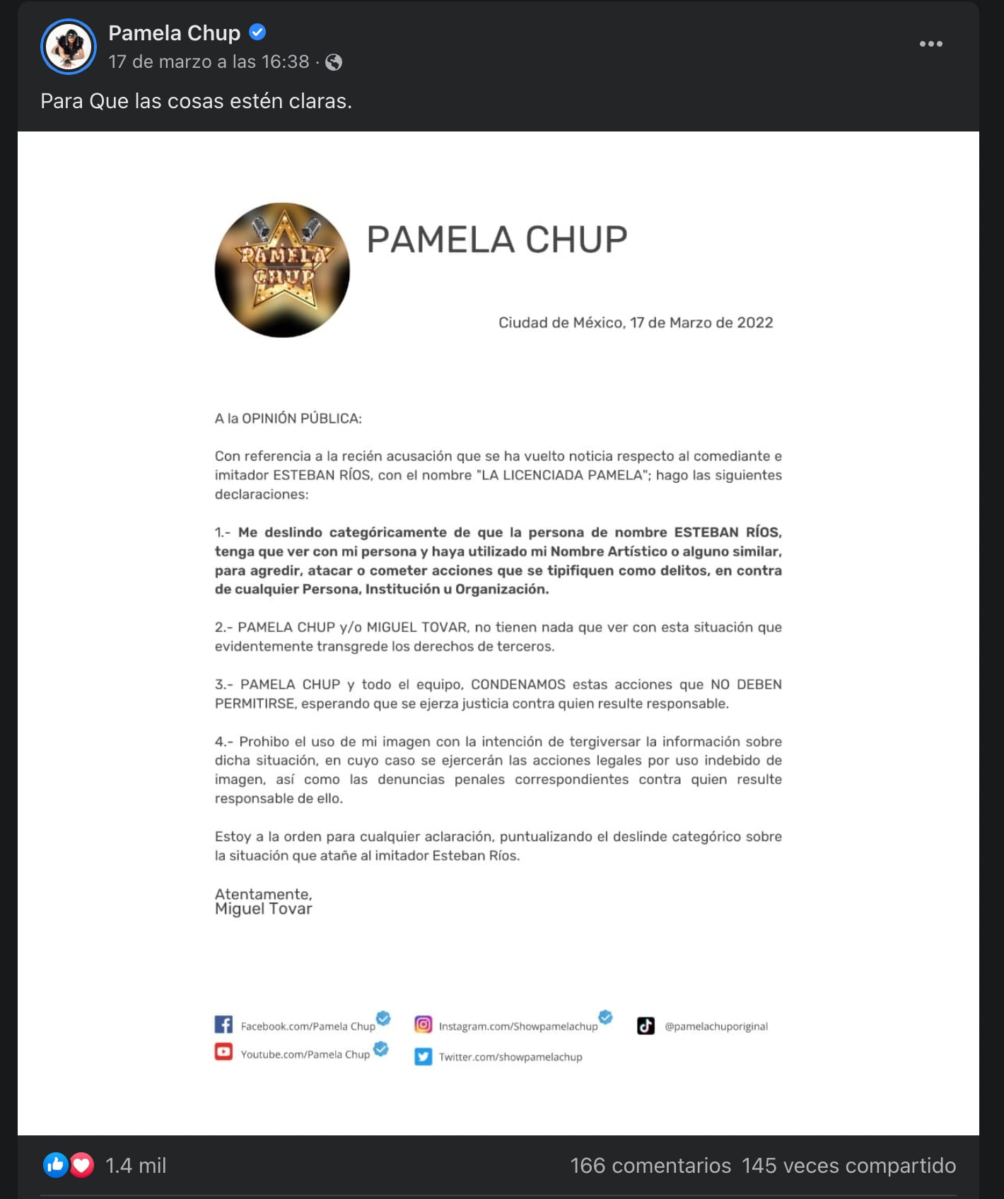 Comunicado de Miguel Tovar, alias Pamela Chup