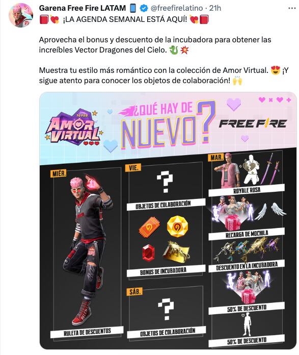 Agenda semanal de Free Fire traerá su evento 'Amor Virtual'
