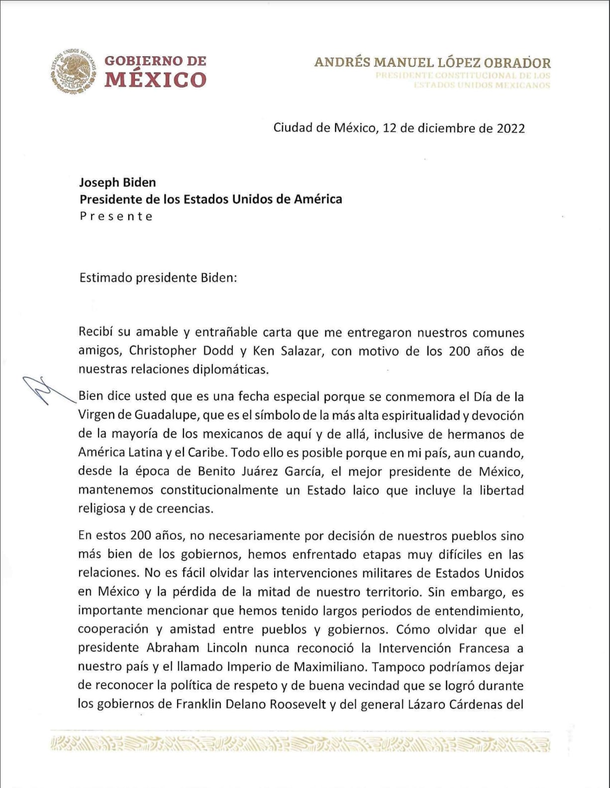 Joe Biden celebra 200 años de relaciones entre México y Estados Unidos con carta para AMLO