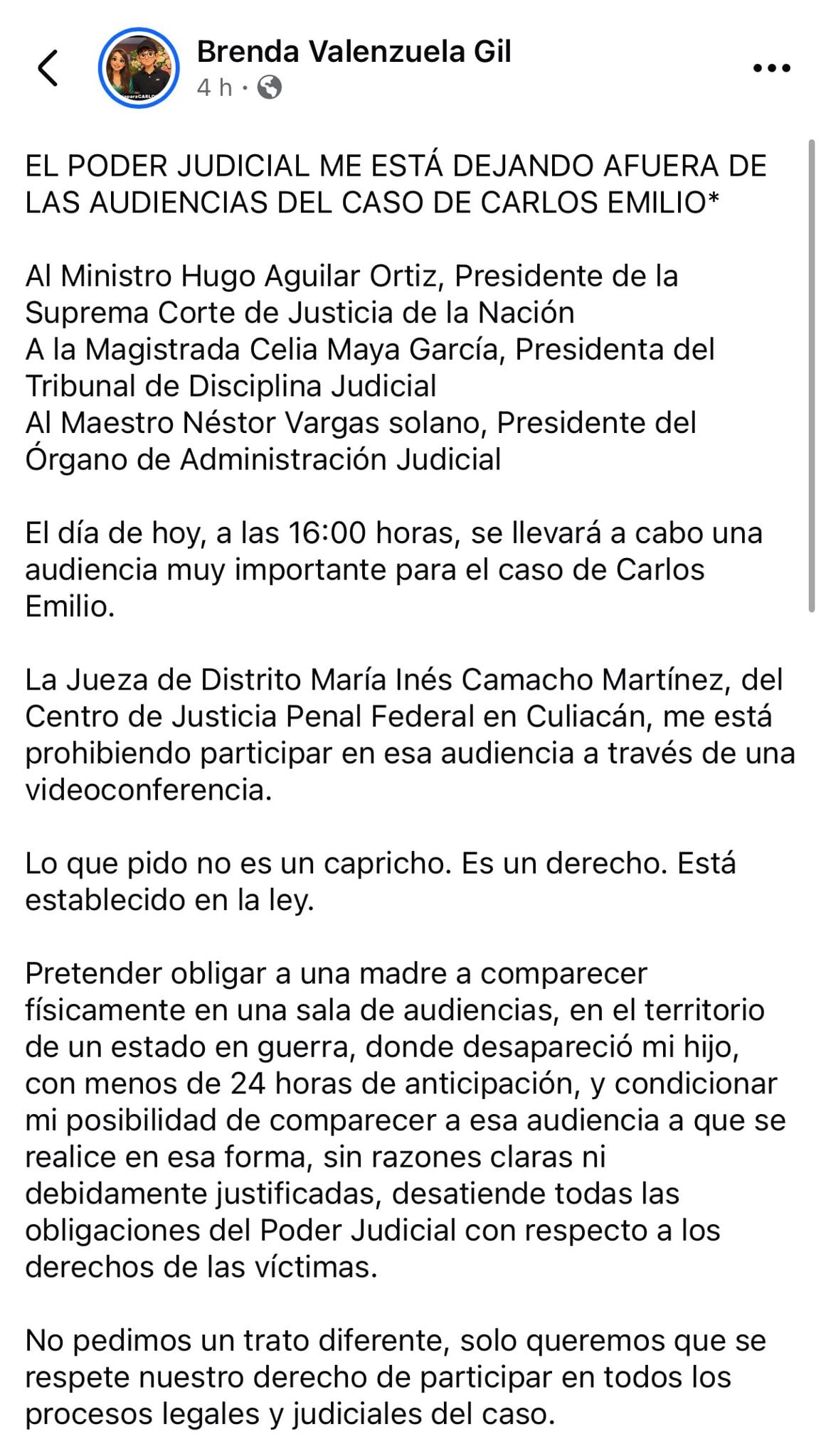 Madre de Carlos Emilio acusa al Poder Judicial de impedirle participar en las audiencias