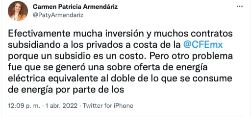explicación de Patricia Armendáriz sobre la reforma eléctrica de AMLO/Twitter