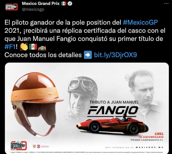 El casco de Juan Manuel Fangio se entregará al ganador de la pole position para el GP de México.