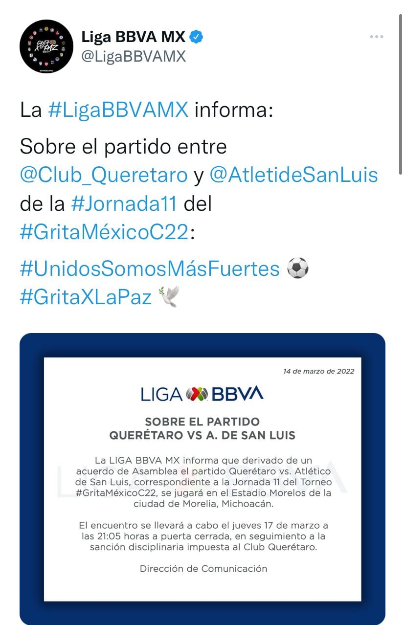 Comunicado de la Liga MX para anunciar los detalles del juego entre el Querétaro FC y el Club Atlético de San Luis.