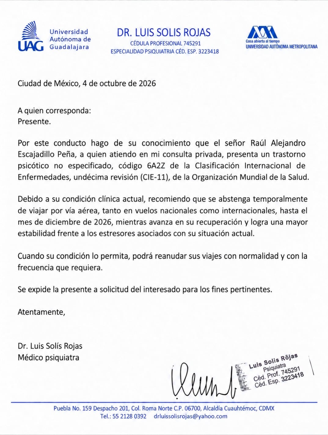 Receta médica sobre Aleks Syntek que habla de su trastorno psicótico.