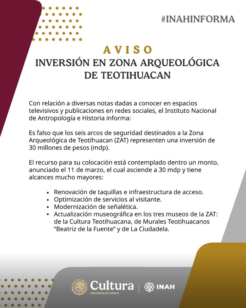 INAH aclara inversión de 30 millones de pesos en Teotihuacán