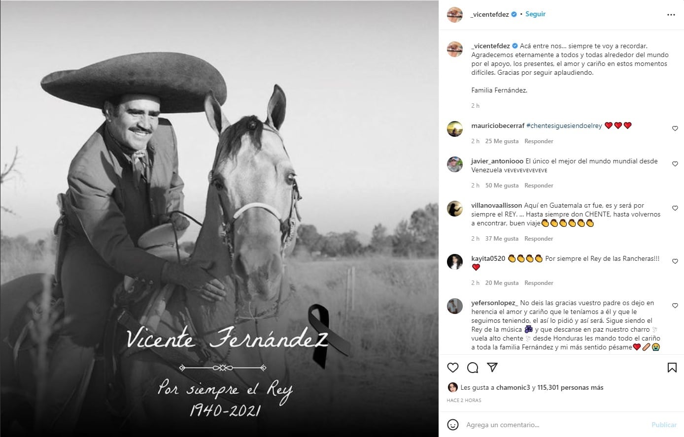 Familia de Vicente Fernández agradece las muestras de cariño