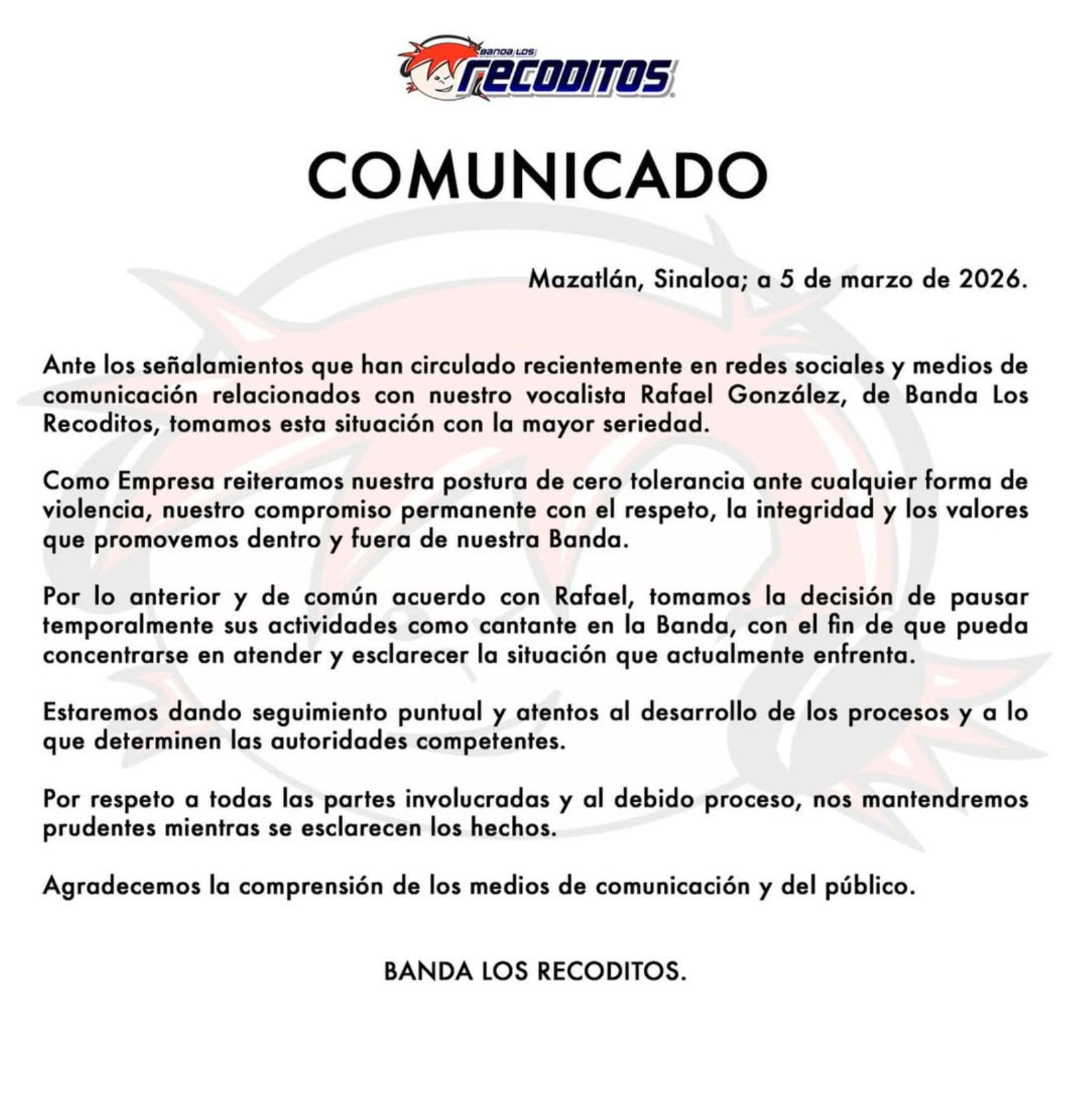 Banda Los Recoditos rompe con Rafa González por señalamientos de violencia