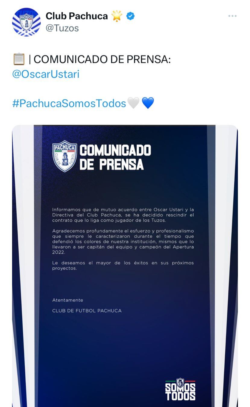 El CF Pachuca anunció la salida de Óscar Ustari.