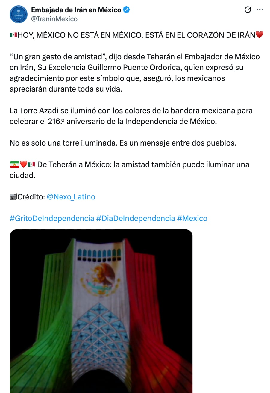 Torre Azadi, en Teherán, se iluminó con los colores de la bandera de México