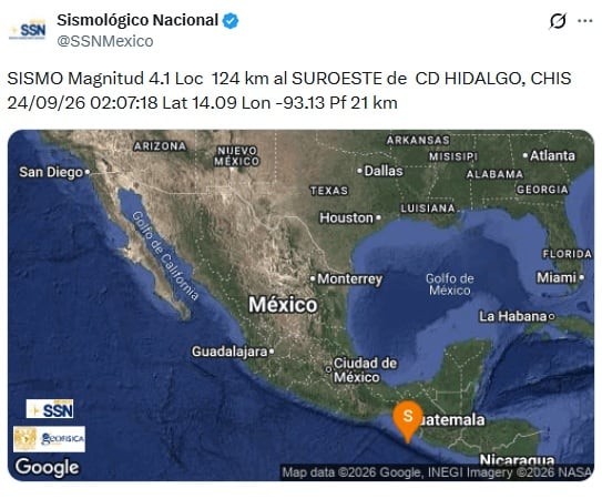 Temblor hoy jueves 24 de septiembre en Chiapas