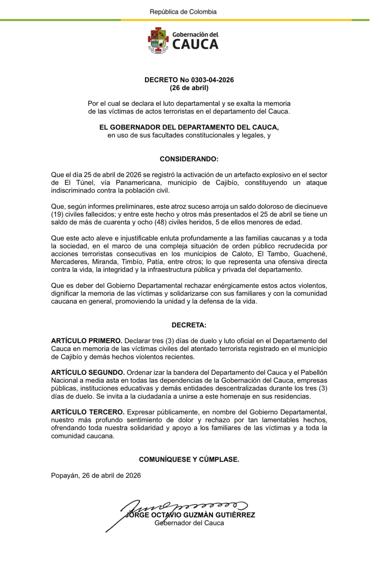 Comunicado del departamento de Cauca sobre ataque en la vía Panamericana.