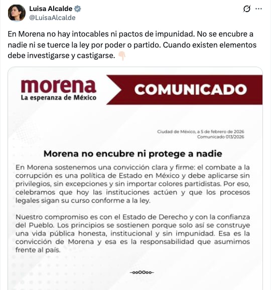 Luisa Alcalde fija postura de Morena en caso de Diego Rivera Navarro