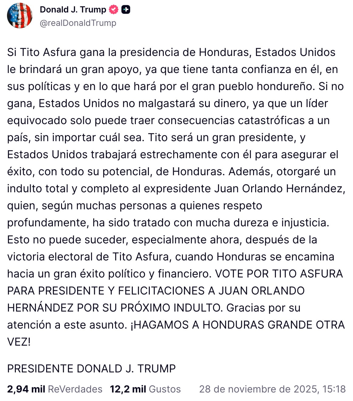 Donald Trump indultara a Juan Orlando Hernández.