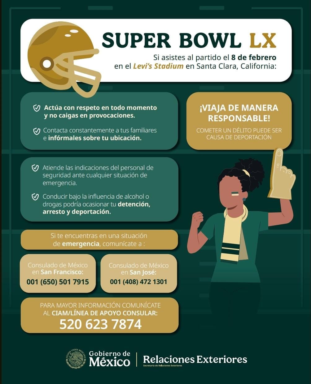 Recomendaciones de la SRE ante redadas del ICE en el Super Bowl 2026.