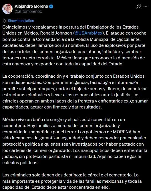 Alejandro Moreno respalda a Ronald Johnson por llamar “terrorista” al coche bomba de Ojocaliente