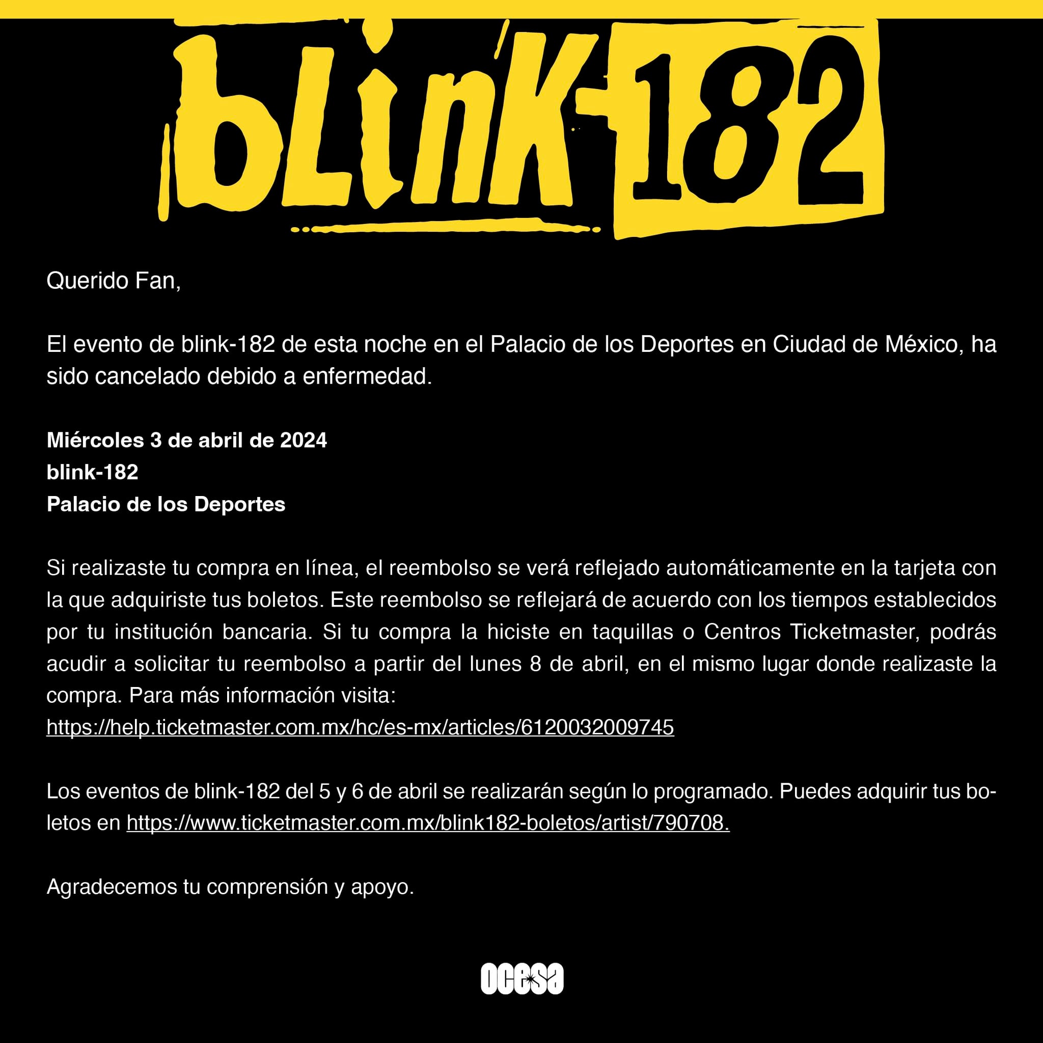 Comunicado cancelación Blink 182 Palacio de los Deportes