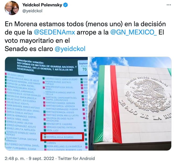 Yeidckol Polevnsky reprocha abstención de Ricardo Monreal en pase de Guardia Nacional a Sedena