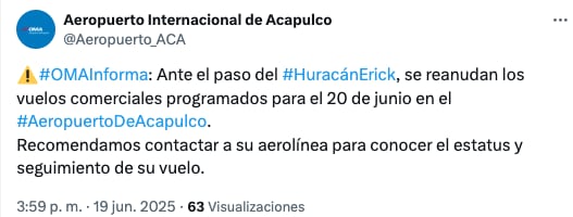 Anuncian reanudación de vuelos en Aeropuerto de Acapulco