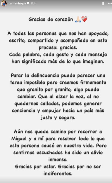 Carmen Baqué. agradece muestras de apoyo