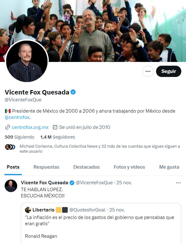 Cuenta de Twitter de Vicente Fox es restaurada