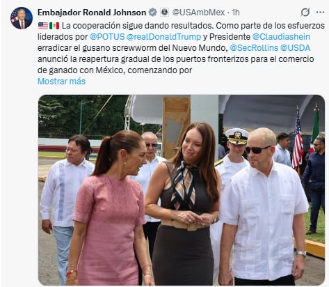 Embajador Ronald Johnson celebra reanudación de exportación de ganado a Estados Unidos