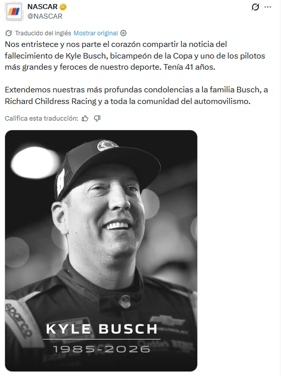 Muere Kyle Busch, piloto campeón de NASCAR.