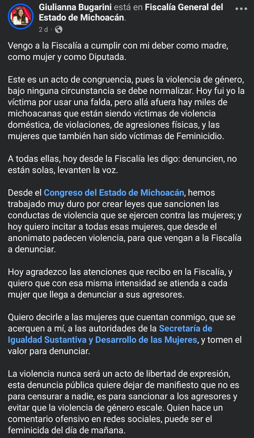 Giuliana Bugarini responde a violencia de género
