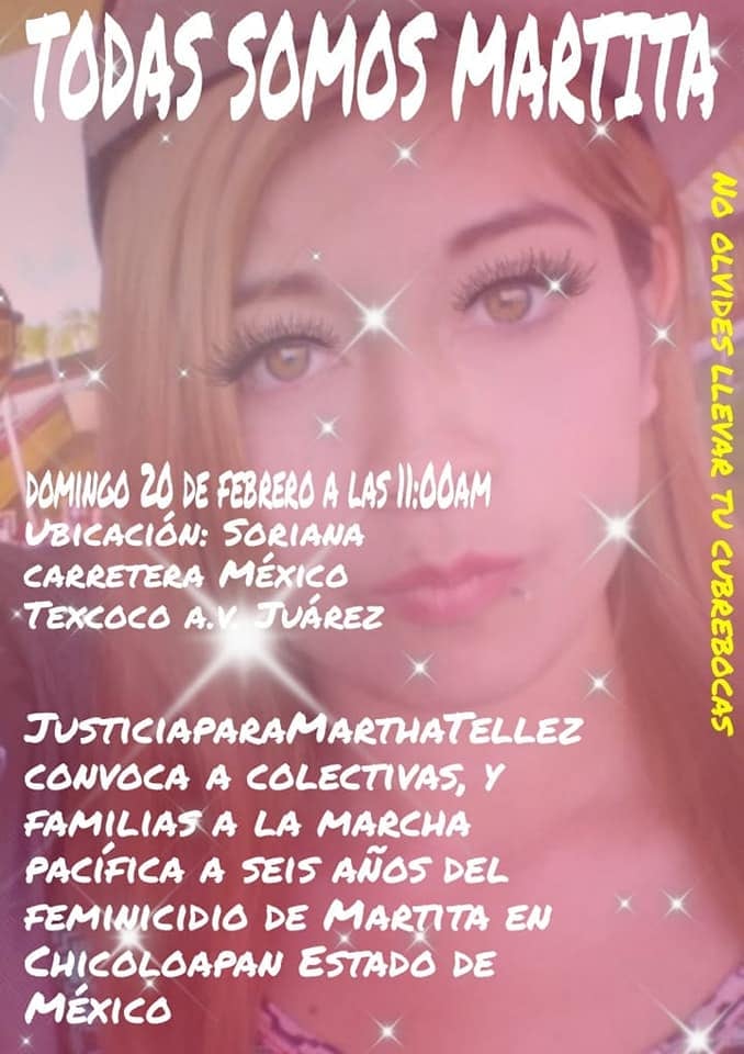 Convocatoria a marcha por feminicidio de Martha Téllez